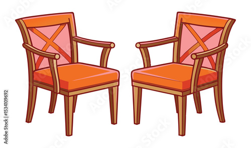 Photo of two burnt orange armchairs with xshaped backs, isolated on white background