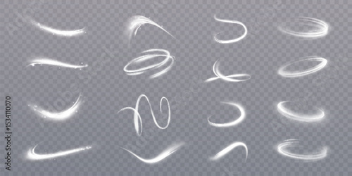 Set of bright swirls of light traces from bright shimmer. Bright light effect isolated on transparent background. Vector 10 EPS