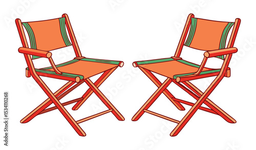 Photo of two vibrant orange and green canvas directors chairs, isolated on white background