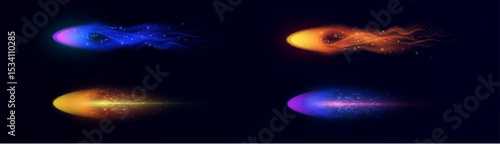 Set of glowing light trails of comet with particles on dark background. Dynamic light effects in purple, blue and yellow-orange tones for futuristic and magical projects.