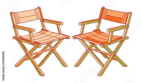 Photo of two orange and beige directors chairs, isolated on white background