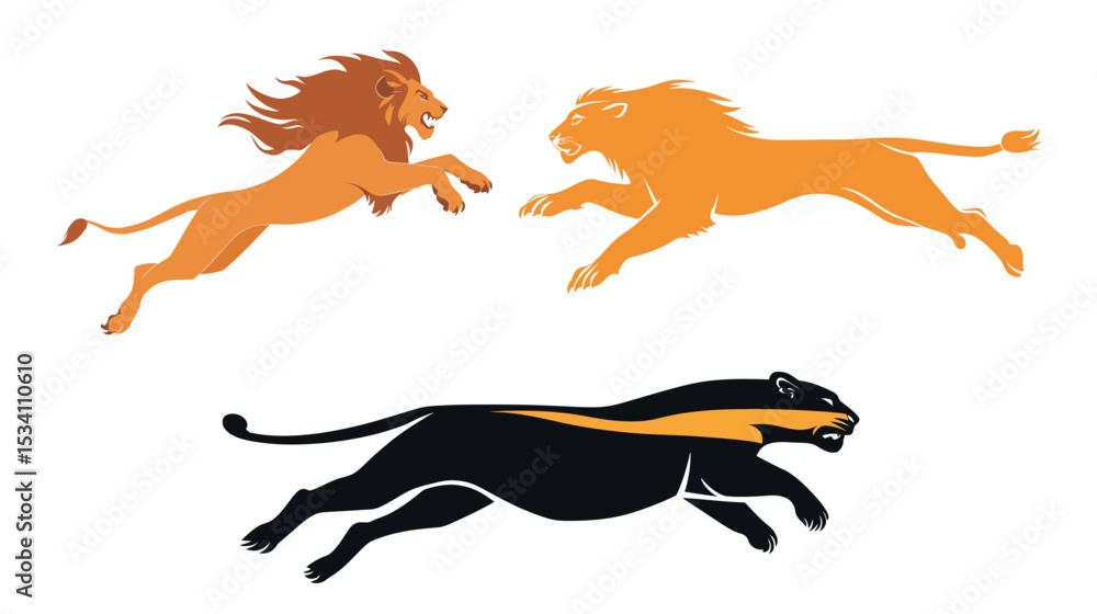 Naklejka premium A lion silhouette captured mid-jump with extended claws, powerful king of the jungle in dramatic action, bold black outline of a wild big cat in motion