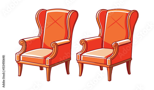 Photo of two burnt orange wingback chairs, isolated on white background, await occupants in elegant repose