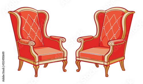 Photo of two regal red wingback chairs, isolated on white background, await their occupants in elegant repose