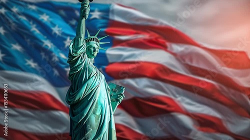 Statue of Liberty and American Flag in Motion