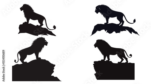 A lion silhouette standing proudly on a slight incline or rock, majestic king of the jungle in bold black outline, wild big cat poised and powerful against the sky
