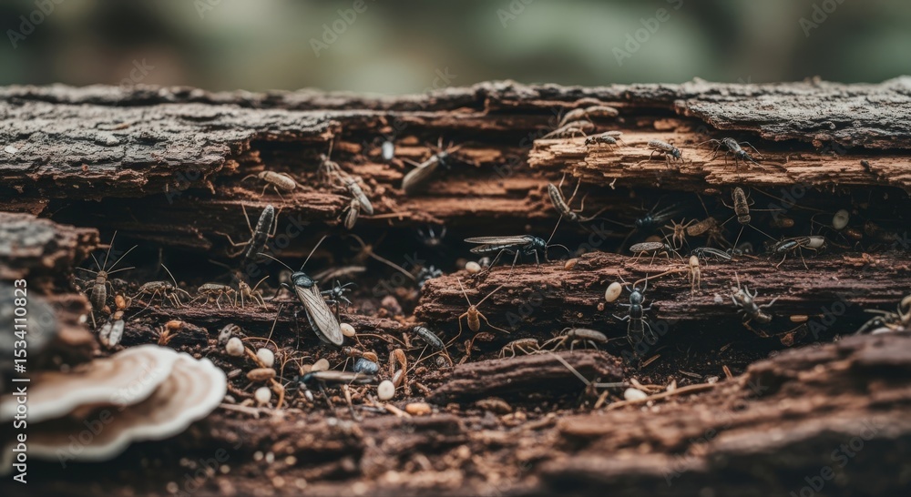 Fototapeta premium Colony of ants and insects in decaying wood, macro shot. Natural habitat of pests.