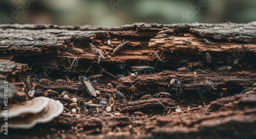 Colony of ants and insects in decaying wood, macro shot. Natural habitat of pests.