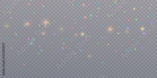 Abstract glitter lights, flickering lights and flashes of light in rainbow palette. Holiday background effect for overlays and illustrations.