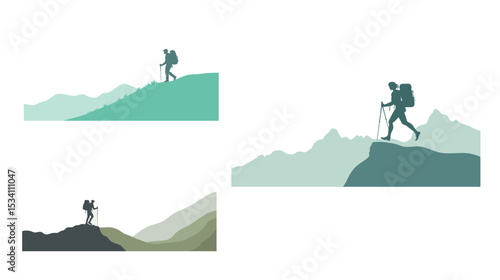 A minimalistic vector design of a hiker with a stick, simplified silhouette of a person trekking, outdoor adventure, wanderer exploring nature, clean and bold style