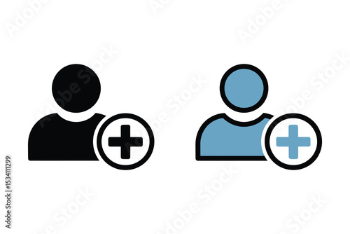 Add Friend Icon Set in Black and Blue Minimalist Style. Add user icon black and blue variations