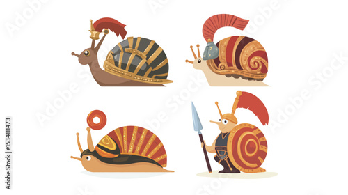 A Roman snail in full centurion gear, miniature warrior, armor, helmet, sword, creative, funny, cartoon, vector illustration, historical, quirky, brave