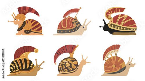A Roman snail in full centurion gear, miniature warrior, armor, helmet, sword, creative, funny, cartoon, vector illustration, historical, quirky, brave