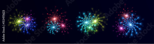 Colorful glowing fireworks with bright flashes on a dark background. Dynamic elements for holiday design, greeting banners and visualization of special effects. Vector