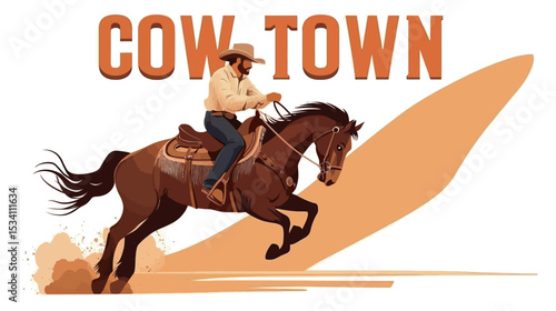 A rugged cowboy rides a bucking brown horse in a dynamic rodeo scene, wild west, cowboy hat, western clothing, dust, action, adventure, outdoor, country lifestyle, strong bond