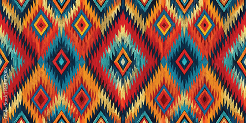 Vibrant geometric pattern in warm colors and bold shapes.