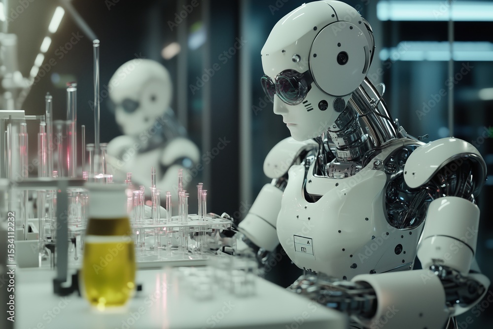Fototapeta premium AI lab helpers, robots doing science work in the lab.