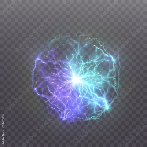 Bright glowing electric orb with purple and cyan lightning discharges on transparent background. High voltage plasma energy effect for sci-fi projects, explosions, or power visuals.

