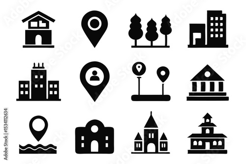 Collection of black and white icons representing location buildings and various landmarks