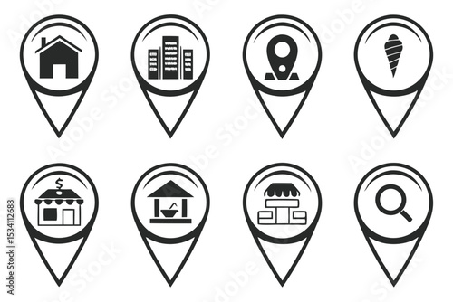 Collection of black and white location icons representing various services and places