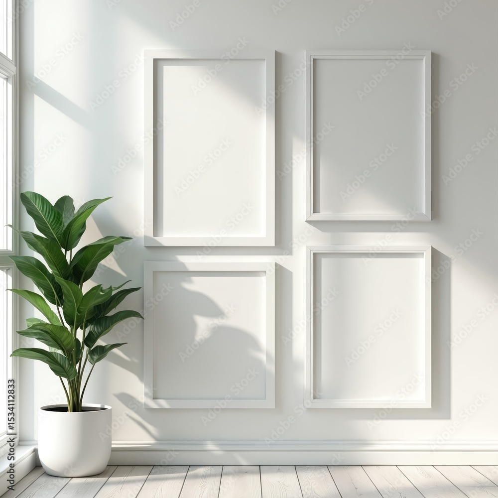 custom made wallpaper toronto digitalMinimalist multi-photo frame mock-up, four empty white frames on wall. Rich green plant in white pot creates modern atmosphere. Sunlight and shadows. Interior decor concept.