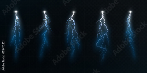 Set of blue vertical lightning bolts with branches on transparent background. Electrical flashes of different shapes for game interfaces, visual effects, clips and scientific graphics.