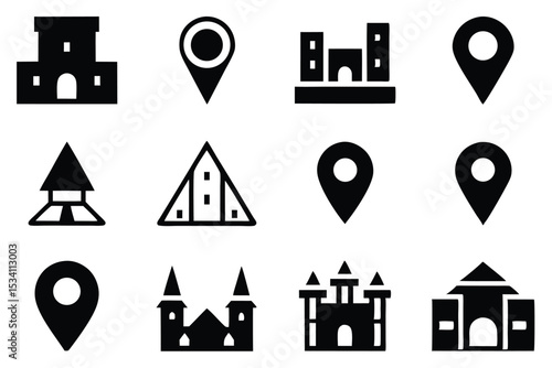 Minimalist black and white vector illustrations of monuments location markers and landmarks