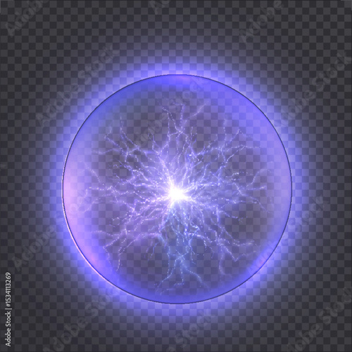 Plasma ball with blue and purple discharges inside a transparent sphere. Suitable for sci-fi interfaces, fantasy, energy visualization and force effects.