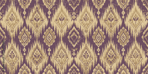 Elegant gold and purple patterned textile with intricate floral motifs.