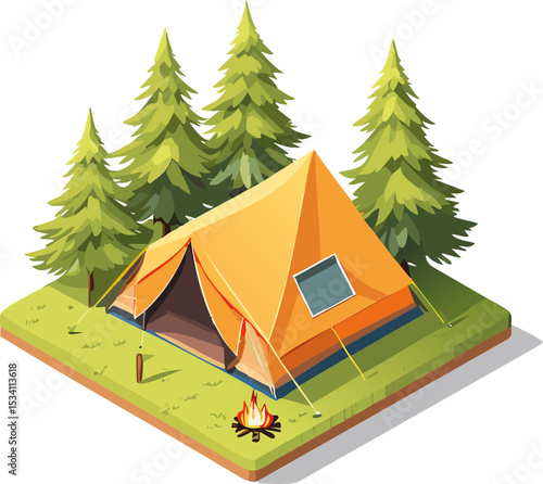 Camping 3D avec tente et feu de camp