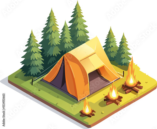 un camping au milieu de la foret en 3D