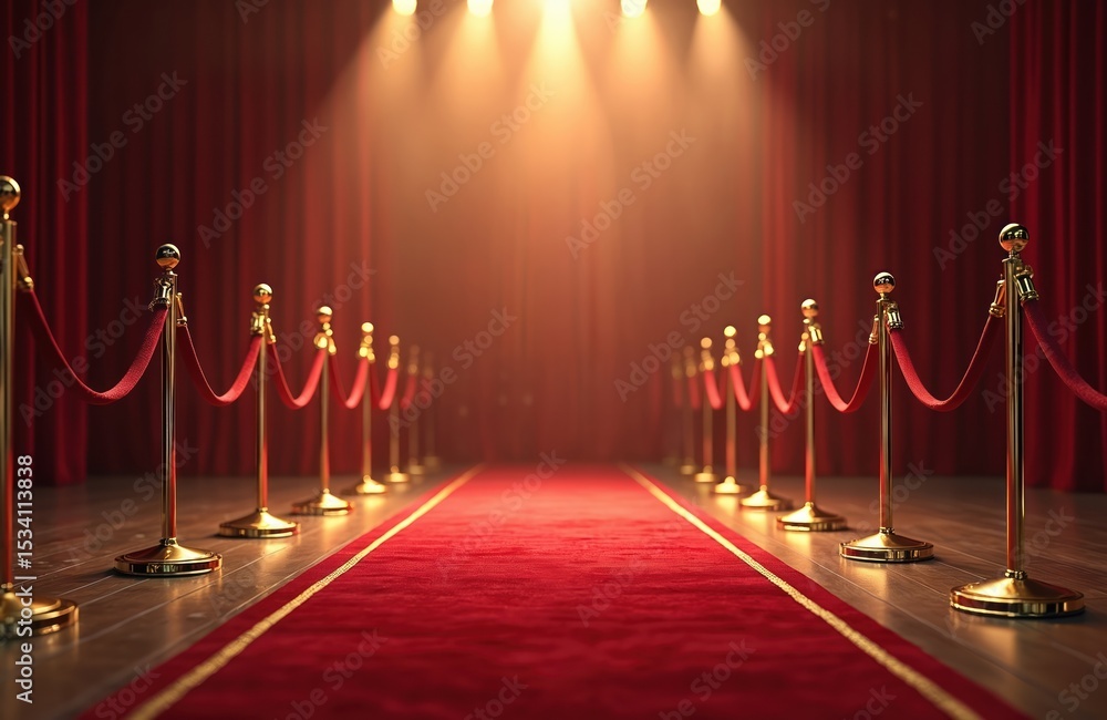 Red carpet entrance scene with spotlights. Golden stanchions with red ropes. Classic design, hollywood event background, VIP ceremony. Awards gala, premiere show, celebrity gathering, fashion week. Red carpet entrance scene with spotlights. Golden stanchions with red ropes. Classic design, hollywood event background, VIP ceremony. Awards gala, premiere show, celebrity gathering, fashion week.