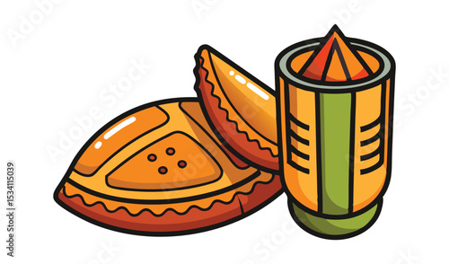 Photo of golden pastries and a vibrant orange spice grinder, isolated on white background