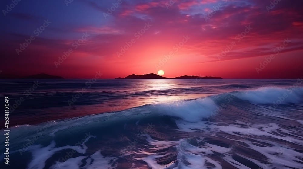 Fototapeta premium A bold, orange-hued full moon emerging above a dark ocean at twilight, the sky glowing in deep reds and purples, the waves dark and gently rolling in the moonlight.