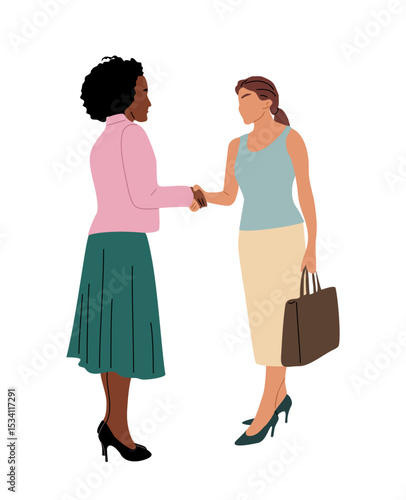 Two diverse businesswomen, African American and European, wearing smart casual outfits, shaking hands for greeting or business deal, isolated on transparent background