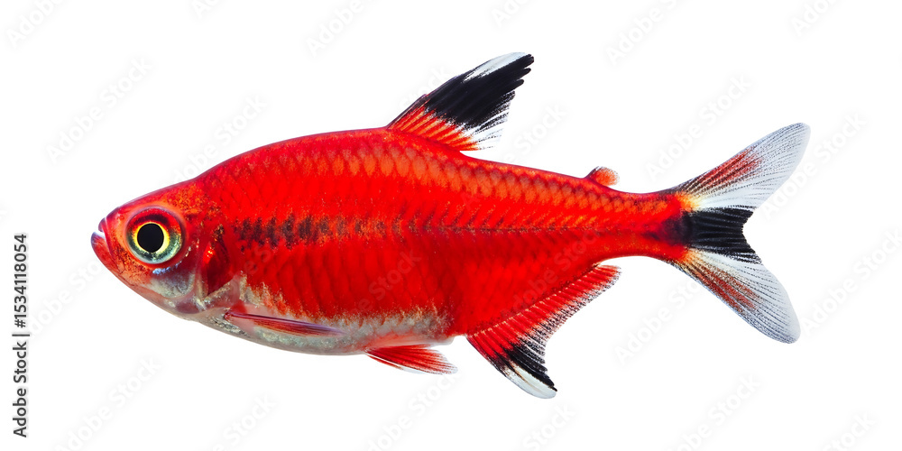 Fototapeta premium Rosy tetra aquarium fish pet care tips and information for freshwater tank enthusiasts hobbyists on transparent background