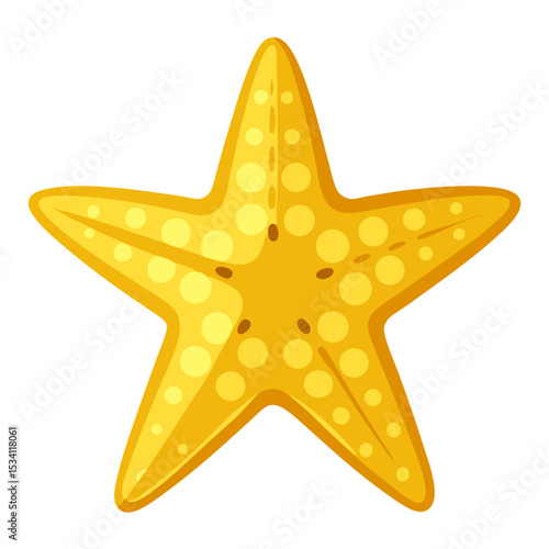 a yellow starfish (sea star) with five arms, featuring circular spots and dots across its surface in various shades of yellow and orange, with small brown markings near the center.