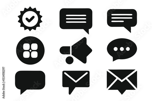 Collection of black and white communication icons with a checked box and email symbols