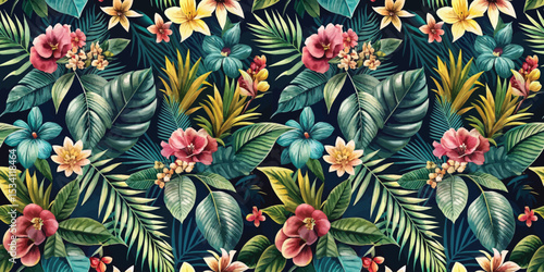 Vibrant tropical floral pattern featuring colorful flowers and lush green foliage.