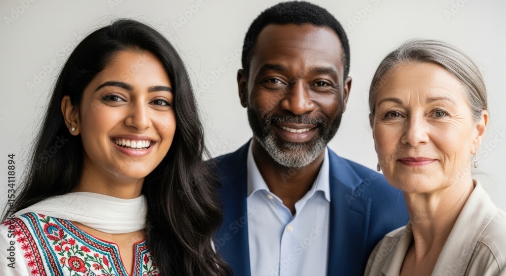 Fototapeta premium Smiling diverse business team of three colleagues looking at camera in the office. Teamwork concept.