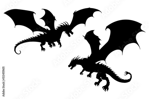 Dragon Silhouette. Dragon Crest Wings, great set collection clip art Silhouette, dragon tattoo designs, Black vector illustration on white background.