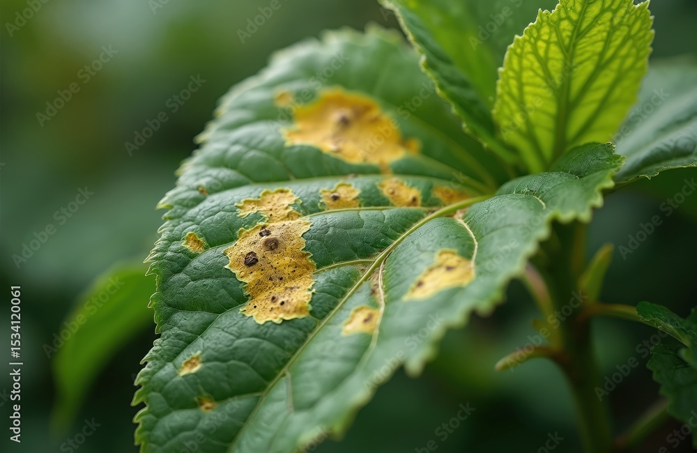 Fototapeta premium Close-up of tobacco plant leaf shows yellow spots, potential tobacco mosaic virus, fungal infection. Green foliage nature outdoor background, agriculture farming concept. Tobacco leaf damaged by