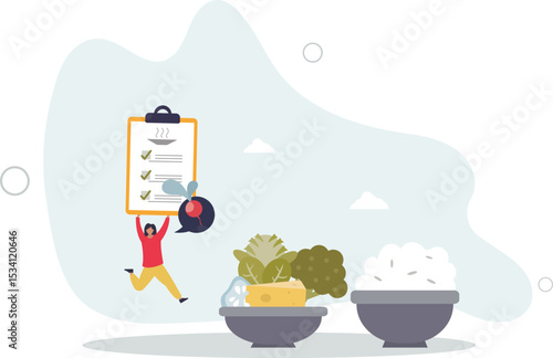 Meal planning as plan for effective food preparation.Healthy eating with balanced vegetables, meat and vitamins intake for weight loss. character life .