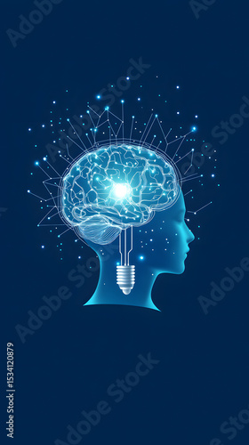 Illustration of a human head with a brain and light bulb, symbolizing ideas and innovation