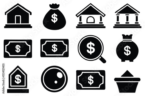 Black and white financial icons representing money, savings, and investment concepts.