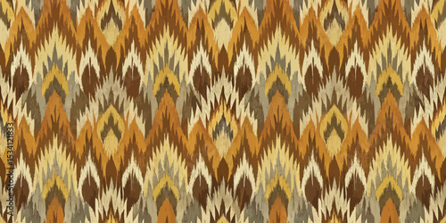 Vibrant zigzag pattern in earthy tones of orange, brown, and cream.