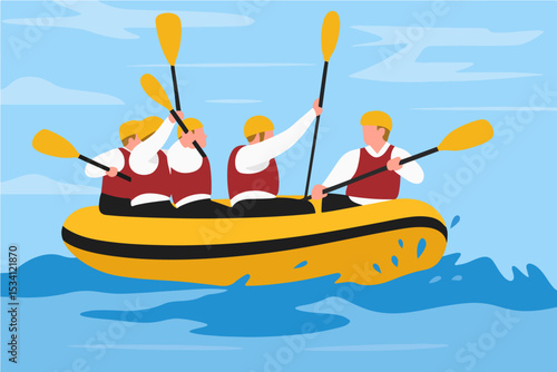 Vibrant illustration of a rafting team navigating a river rapids their yellow raft cutting through water. Ideal for adventure tourism brochures or websites.