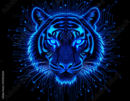 A kickass neon-lit tiger's head with glowing blue circuits and circuit board designs, popping against a black backdrop