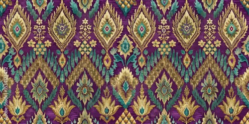 Vibrant purple floral pattern with golden accents showcasing intricate designs.