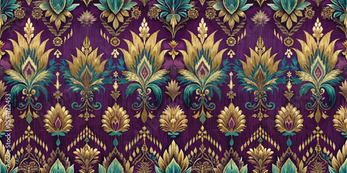 Elegant floral damask pattern in rich purple and gold tones.
